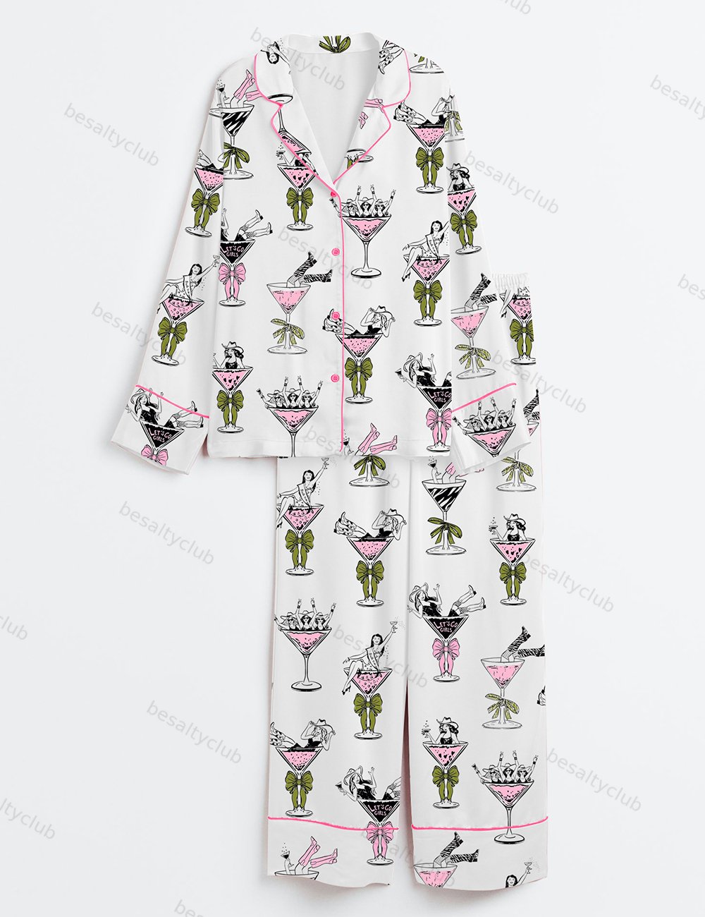 Girls In Martini Glass Hand Drawn Martini Drinks And Cheering Western Girls Print Long Sleeve Satin Pajama Set