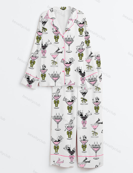 Girls In Martini Glass Hand Drawn Martini Drinks And Cheering Western Girls Print Long Sleeve Satin Pajama Set