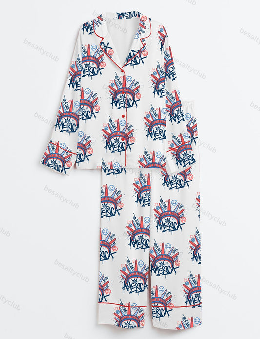 4th Of July Statue Of Liberty Graffiti America Long Sleeve Satin Pajama Set