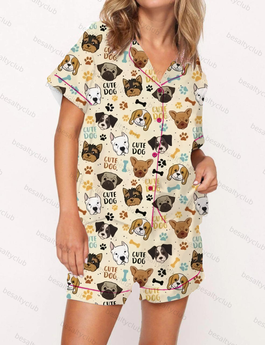 Cute Dog Print Satin Pajama Short Set