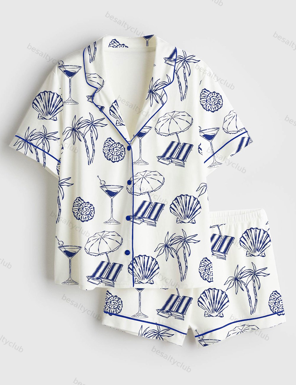 Coastal Doodle Last Toast On The Coast Summer Beach Print Short Sleeve Satin Pajama Set
