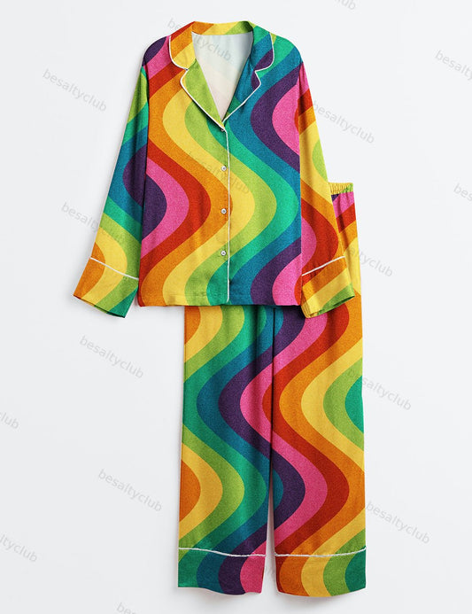Gay Pride Month LGBT Rainbow Print Long Sleeve Satin Pajama Set