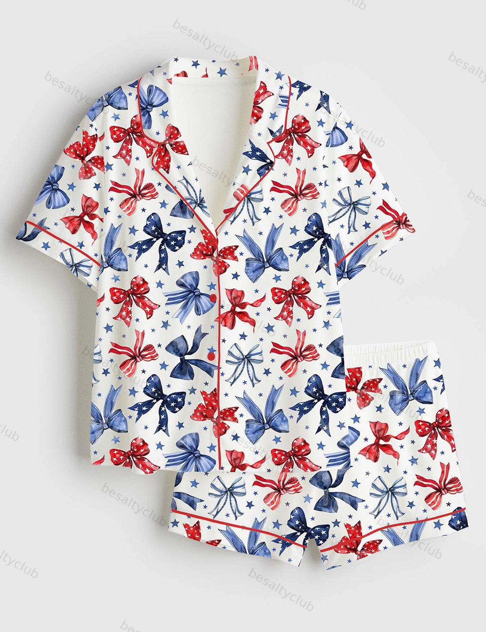 Patriotic Bows 4th Of July Red White And Blue Ribbon Short Sleeve Satin Pajama Set
