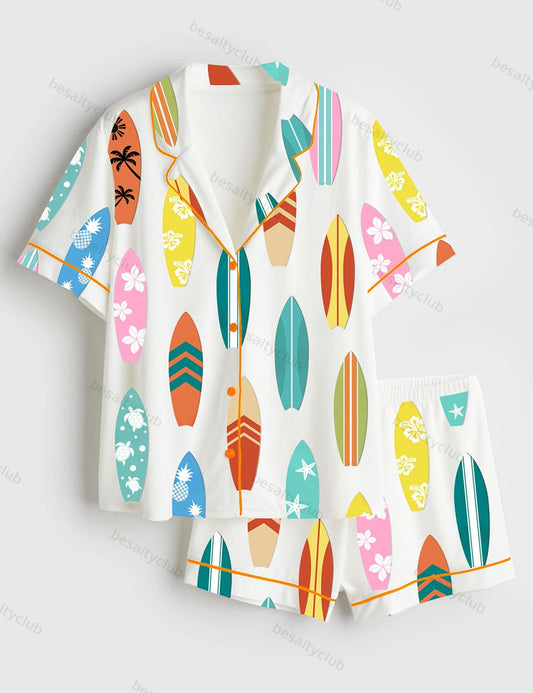 Surfboard Beach Wave Hawaii Surf Summer Beach Life Print Short Sleeve Satin Pajama Set