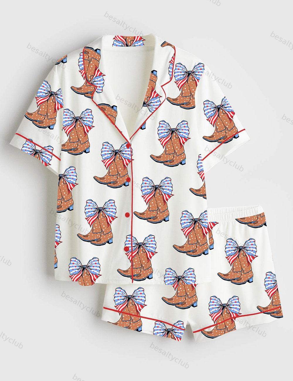 4th of July Bow USA Western Boots Short Sleeve Satin Pajama Set