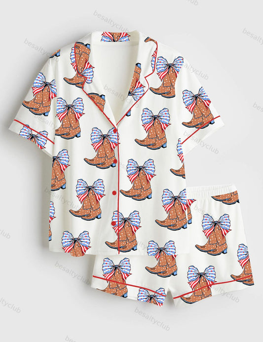 4th of July Bow USA Western Boots Short Sleeve Satin Pajama Set