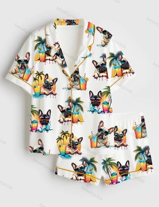 French Bulldog Cute Frenchie Head Summer Beach Cold Beer Alcohol Print Short Sleeve Satin Pajama Set