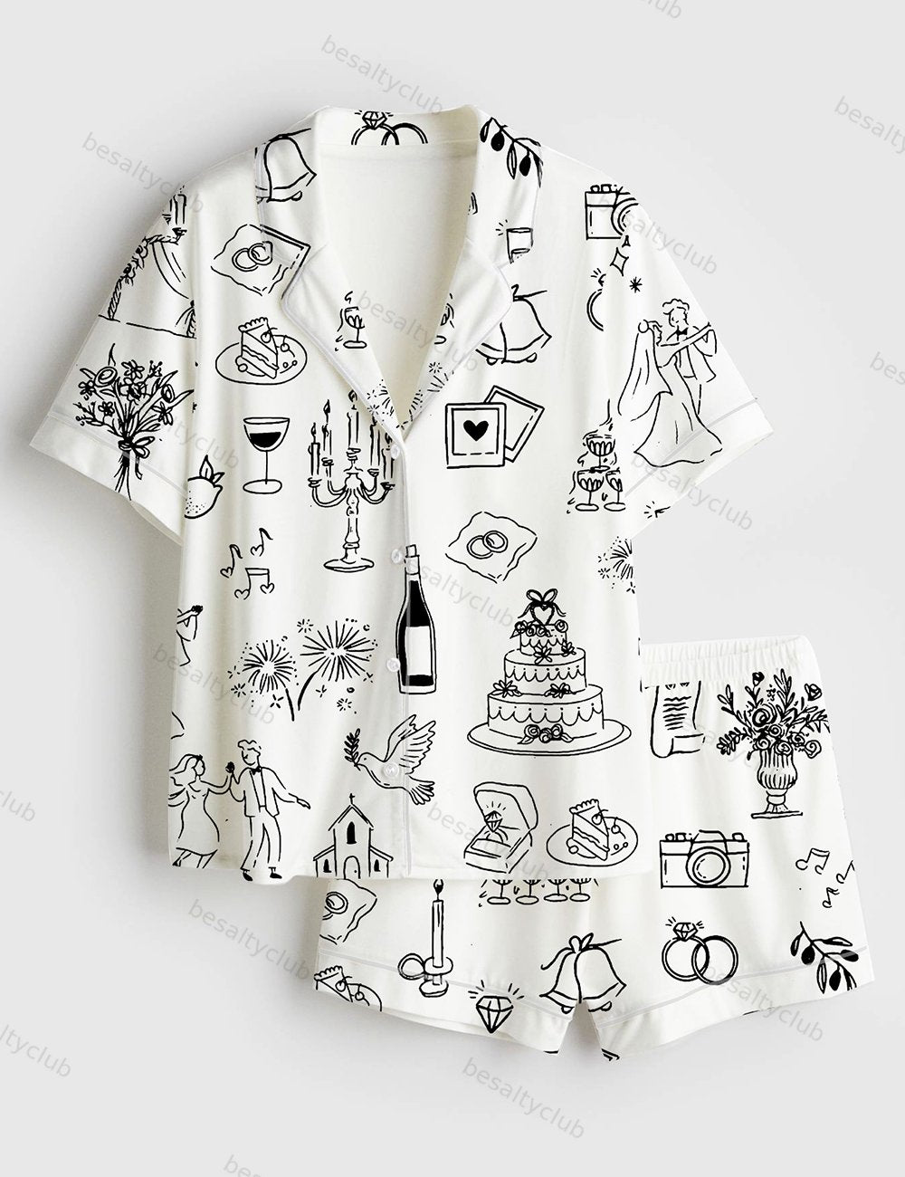 Hand Drawn Wedding Timeline Wedding Icons Champagne Print Short Sleeve Satin Pajama Set