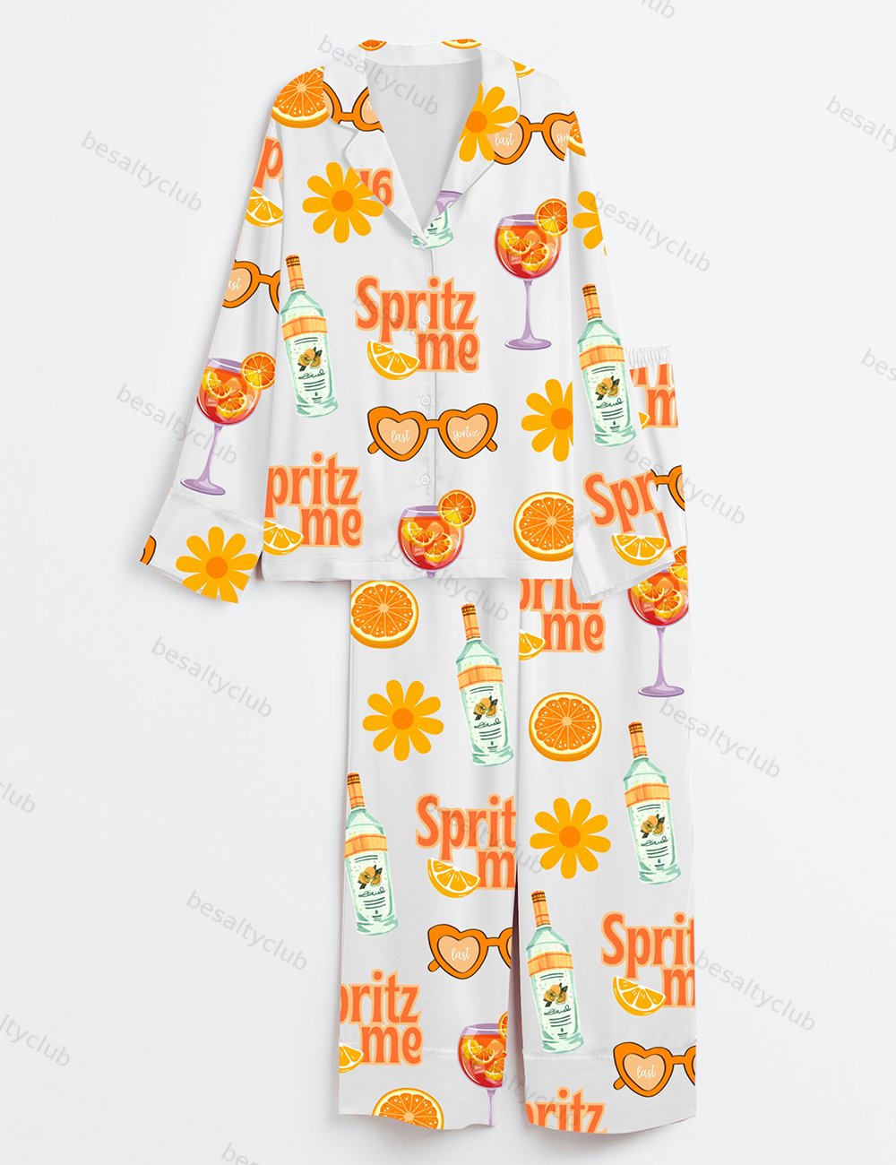 Last Spritz As A Miss Aperol Spritz Bachelorette Spritz Me Orange Party Print Long Sleeve Satin Pajama Set