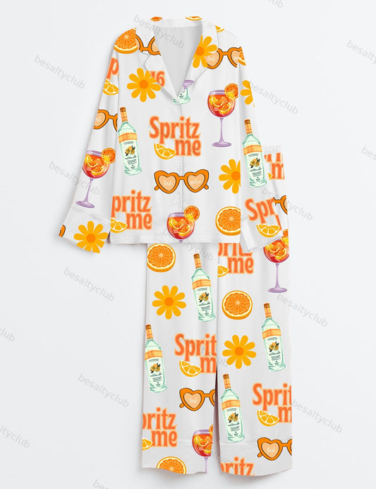 Last Spritz As A Miss Aperol Spritz Bachelorette Spritz Me Orange Party Print Long Sleeve Satin Pajama Set