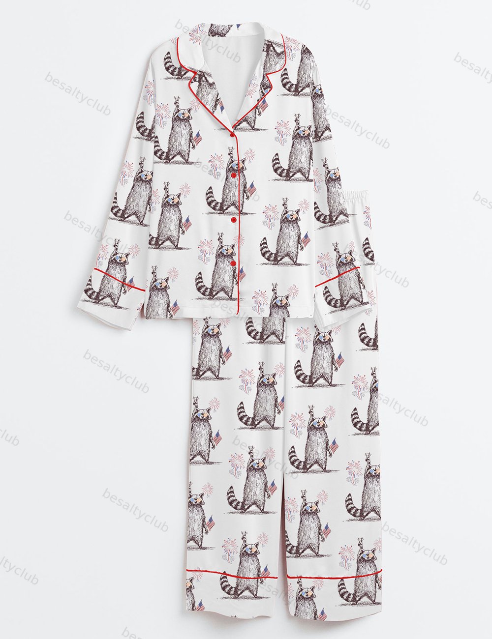 Feral But Free Fireworks Summer Raccoon 4th Of July Print Long Sleeve Satin Pajama Set