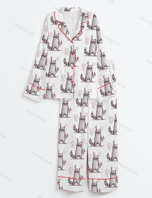 Feral But Free Fireworks Summer Raccoon 4th Of July Print Long Sleeve Satin Pajama Set