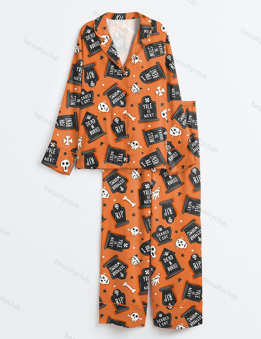 Ghoulish Graveyard Halloween Long Sleeve Satin Pajama Set
