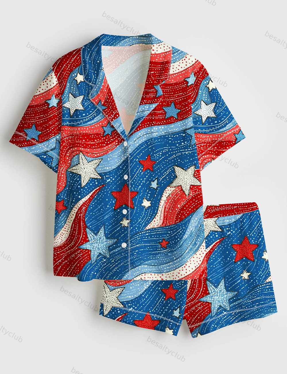 Stars And Stripes Independence Day The 4th Of July Red White Blue Short Sleeve Satin Pajama Set