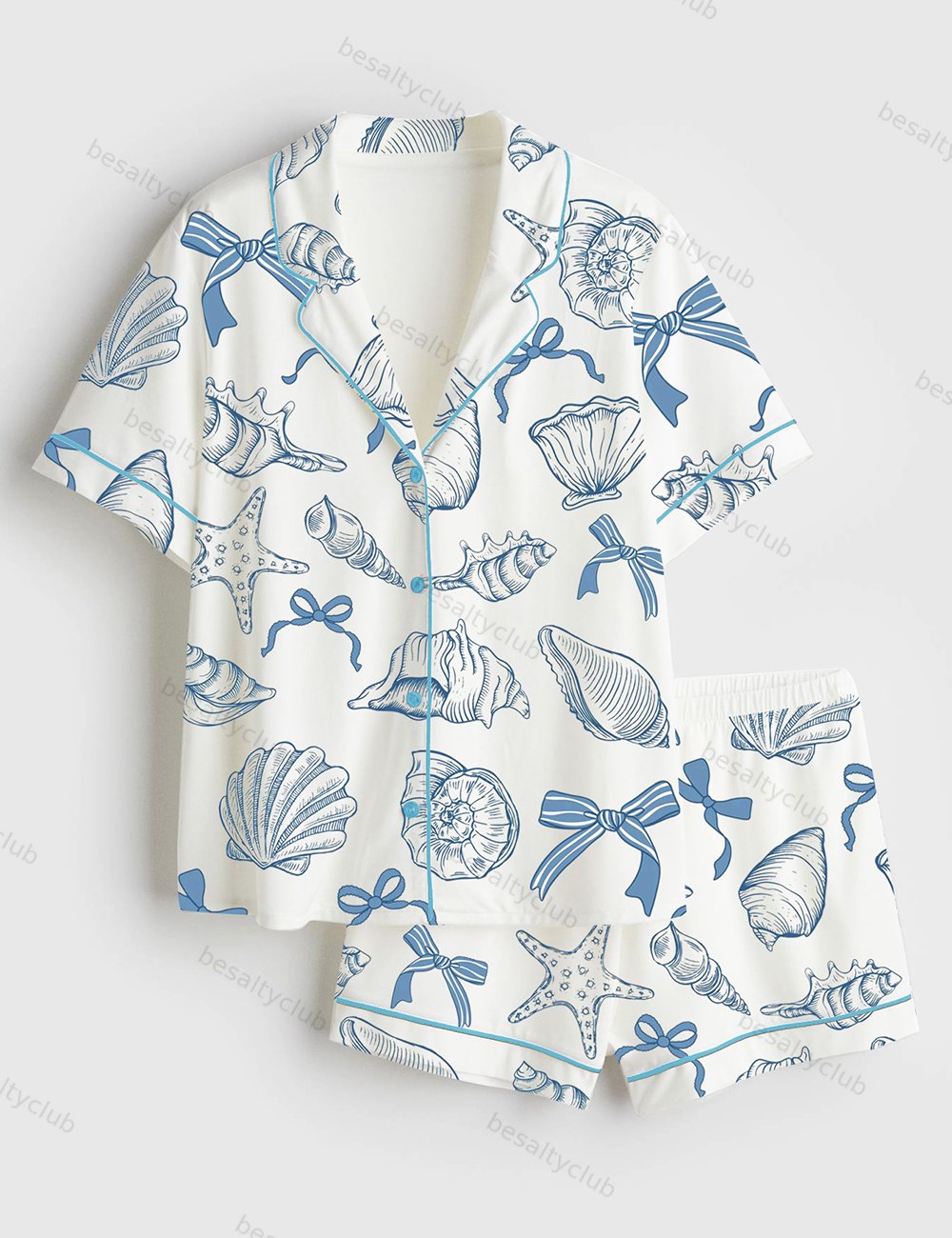Coquette Seashell Coastal Summer Vibes Short Sleeve Satin Pajama Set