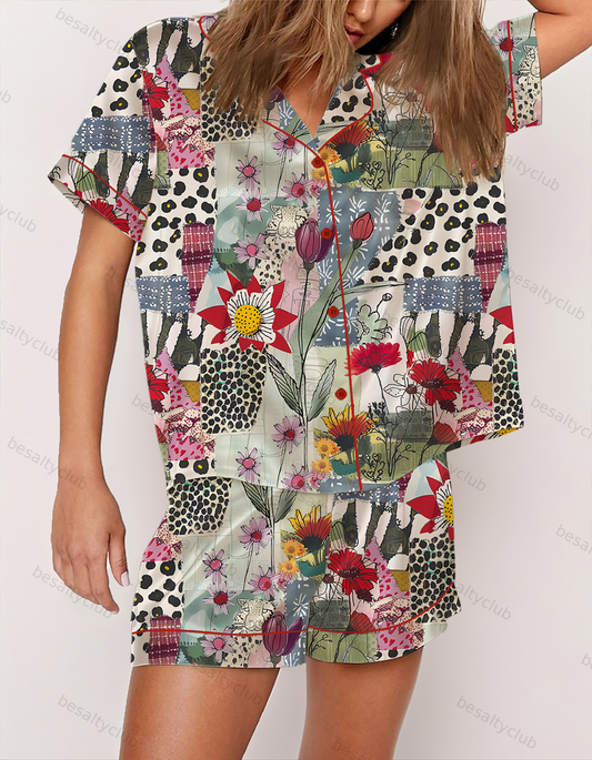 Spots and Floral Summertime Collage Satin Pajama Set