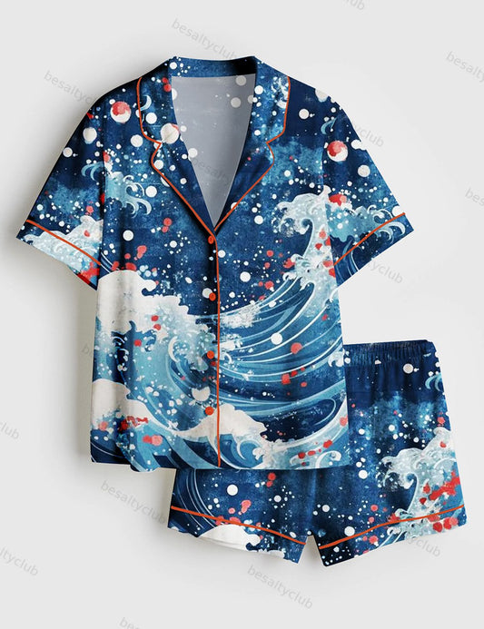 Red Blue White Japanese Sea Short Sleeve Satin Pajama Set
