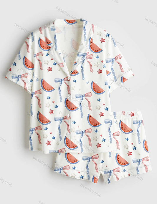 Watermelon Bow Stars And Stripes Independence Day The 4th Of July Red White Blue Short Sleeve Satin Pajama Set