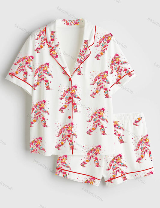 Big Foot Cute Floral Big Foot Adventure Nature Lover Print Short Sleeve Satin Pajama Set