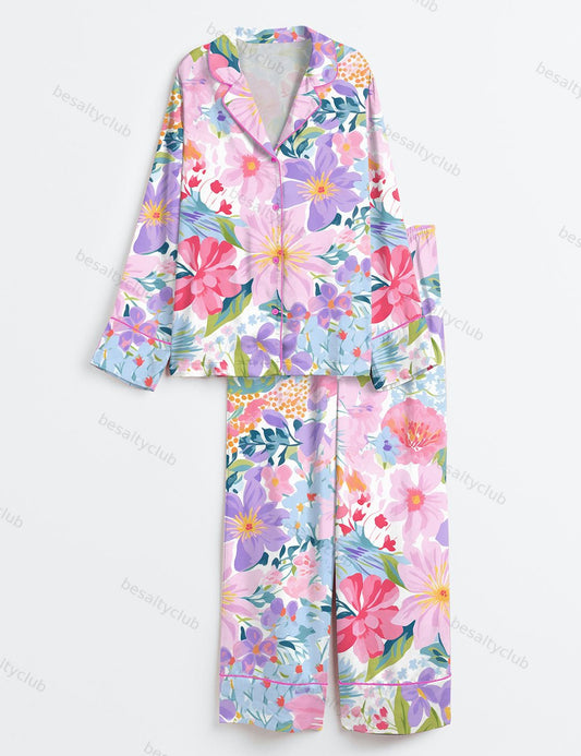 Purple Ditsy Flowers Ditsy Floral Girly Pink And Purple Cute Ditsy Floral Print Long Sleeve Satin Pajama Set