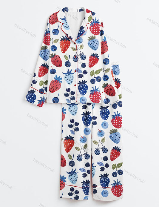Strawberry Cottagecore Summer Blueberry The 4th Of July Long Sleeve Satin Pajama Set