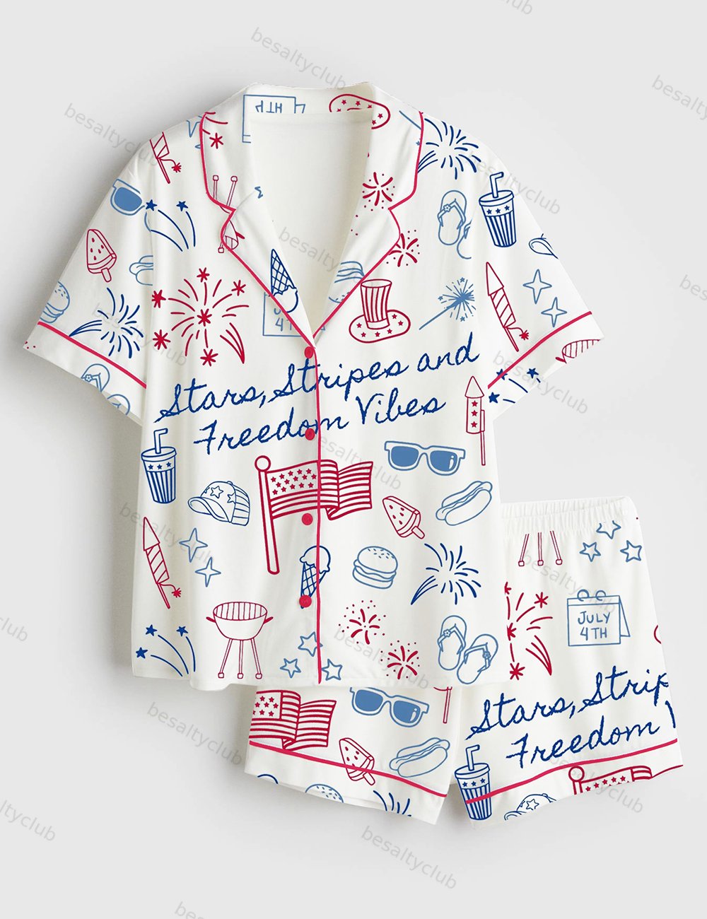 Stars Stripes And Freedom Vibes 4th Of July Patriotic America Print Short Sleeve Satin Pajama Set