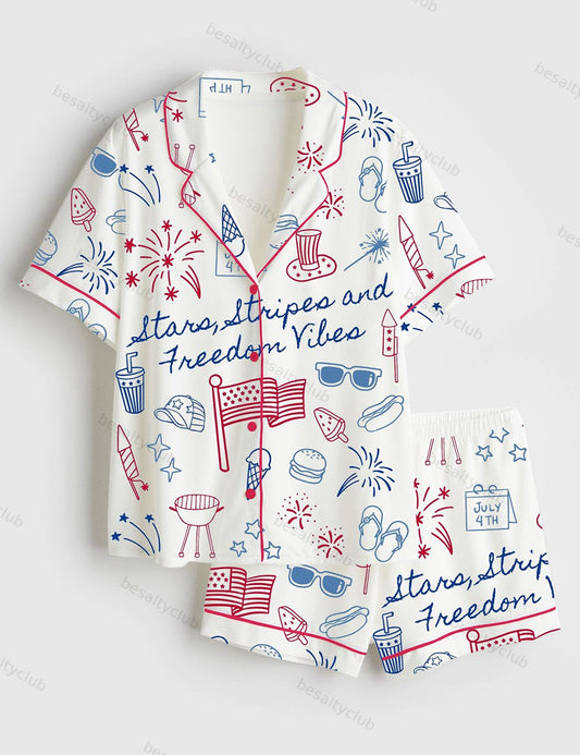 Stars Stripes And Freedom Vibes 4th Of July Patriotic America Print Short Sleeve Satin Pajama Set