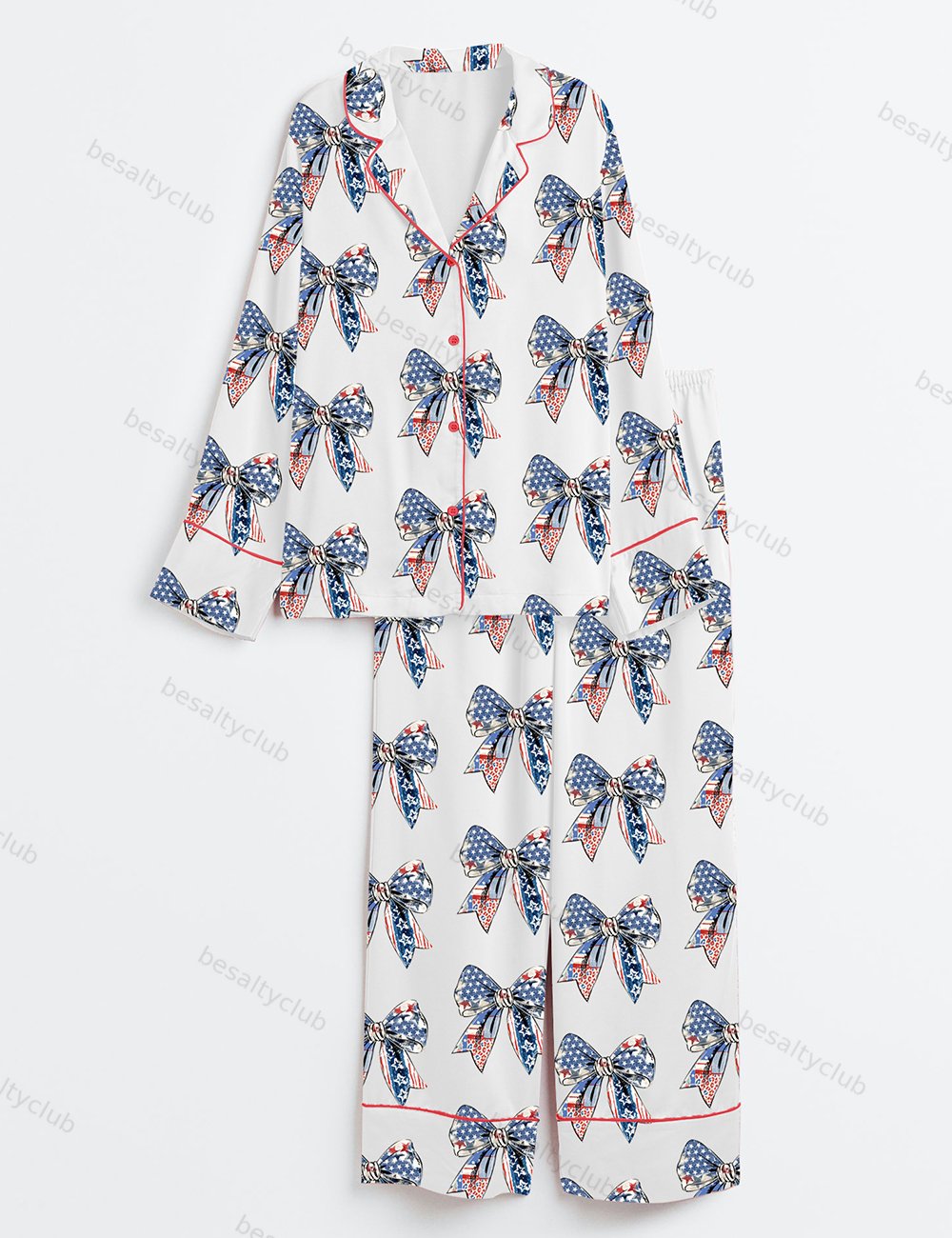 Coquette American Girl 4th Of July America Freedom USA Flag Long Sleeve Satin Pajama Set