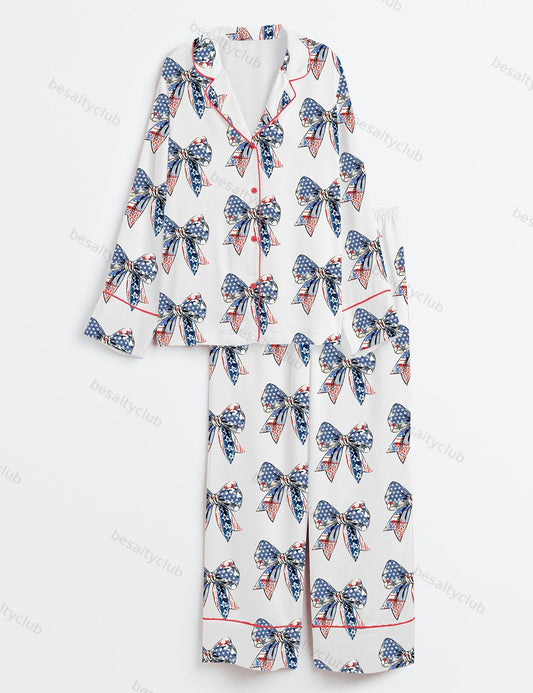 Coquette American Girl 4th Of July America Freedom USA Flag Long Sleeve Satin Pajama Set