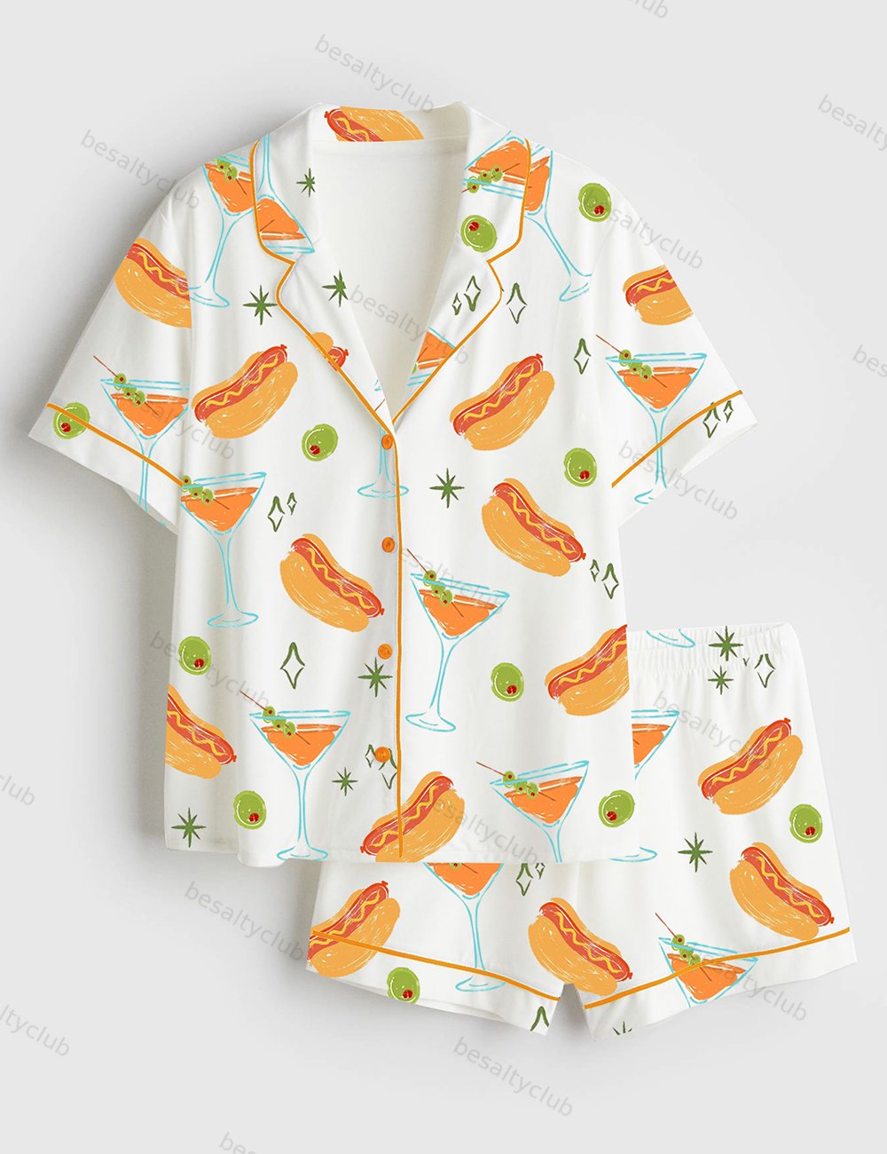 Weenies And Tinis Bachelorette Party Martini Social Club Print Short Sleeve Satin Pajama Set