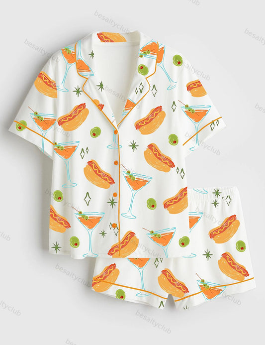 Weenies And Tinis Bachelorette Party Martini Social Club Print Short Sleeve Satin Pajama Set
