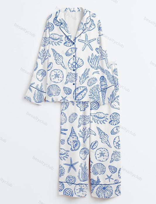 Seashells And Coastal Treasures Seaside Ocean Shell Long Sleeve Satin Pajama Set