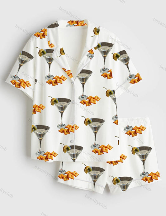 Martini And Cheese Crackers Cute Quirky Whimsical Cocktail Art Print Short Sleeve Satin Pajama Set