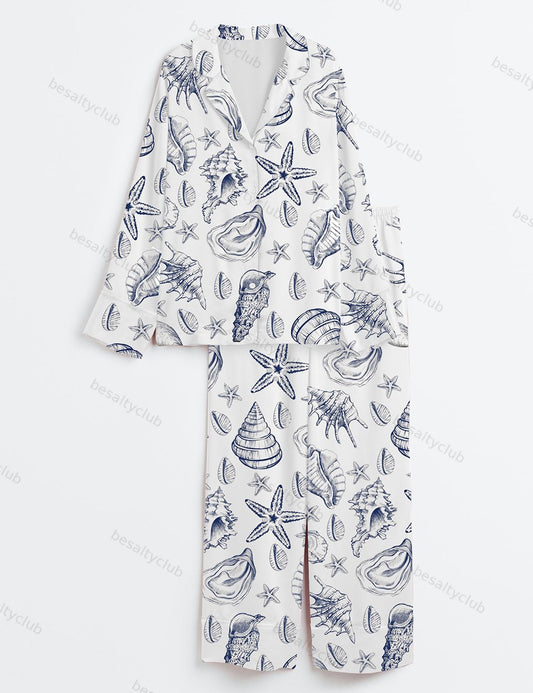 Vintage Seashell Coastal Aesthetic Summer Beach Vibes Print Long Sleeve Satin Pajama Set