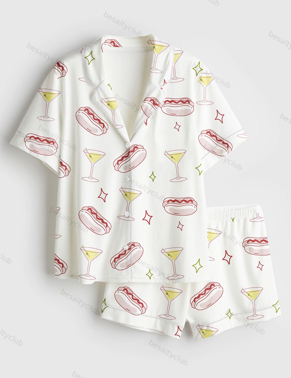 Weenies And Tinis Bachelorette Hot Dogs And Martinis Print Short Sleeve Satin Pajama Set