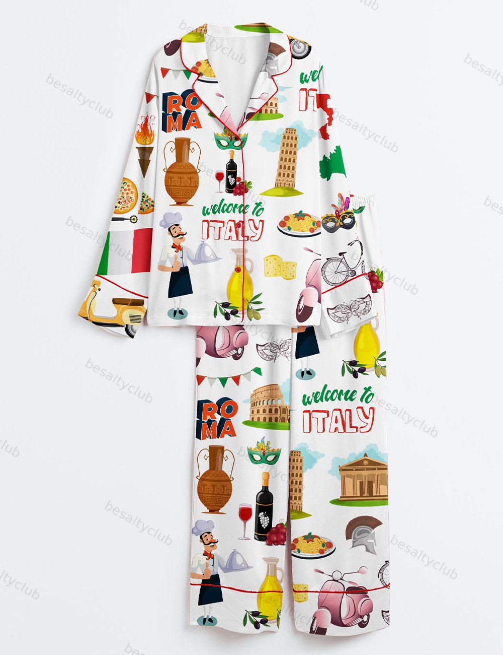 Welcome To Italy Roma Long Sleeve Satin Pajama Set