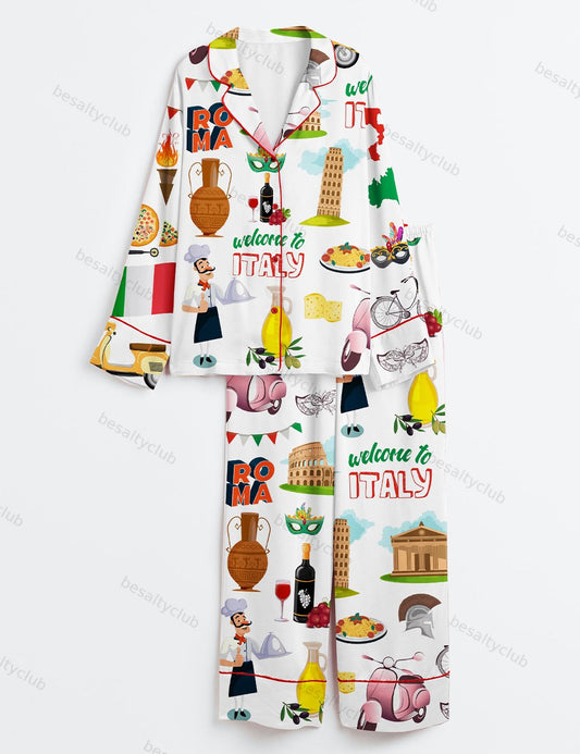 Welcome To Italy Roma Long Sleeve Satin Pajama Set