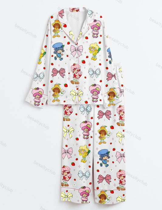 Strawberry Coquette Bow Berry Sweet Girl Cartoon Long Sleeve Satin Pajama Set