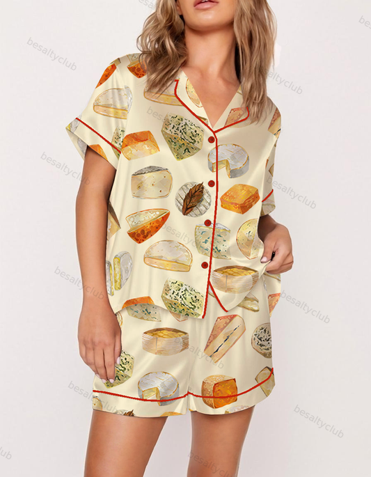 French Cheeses Lover Satin Pajama Set