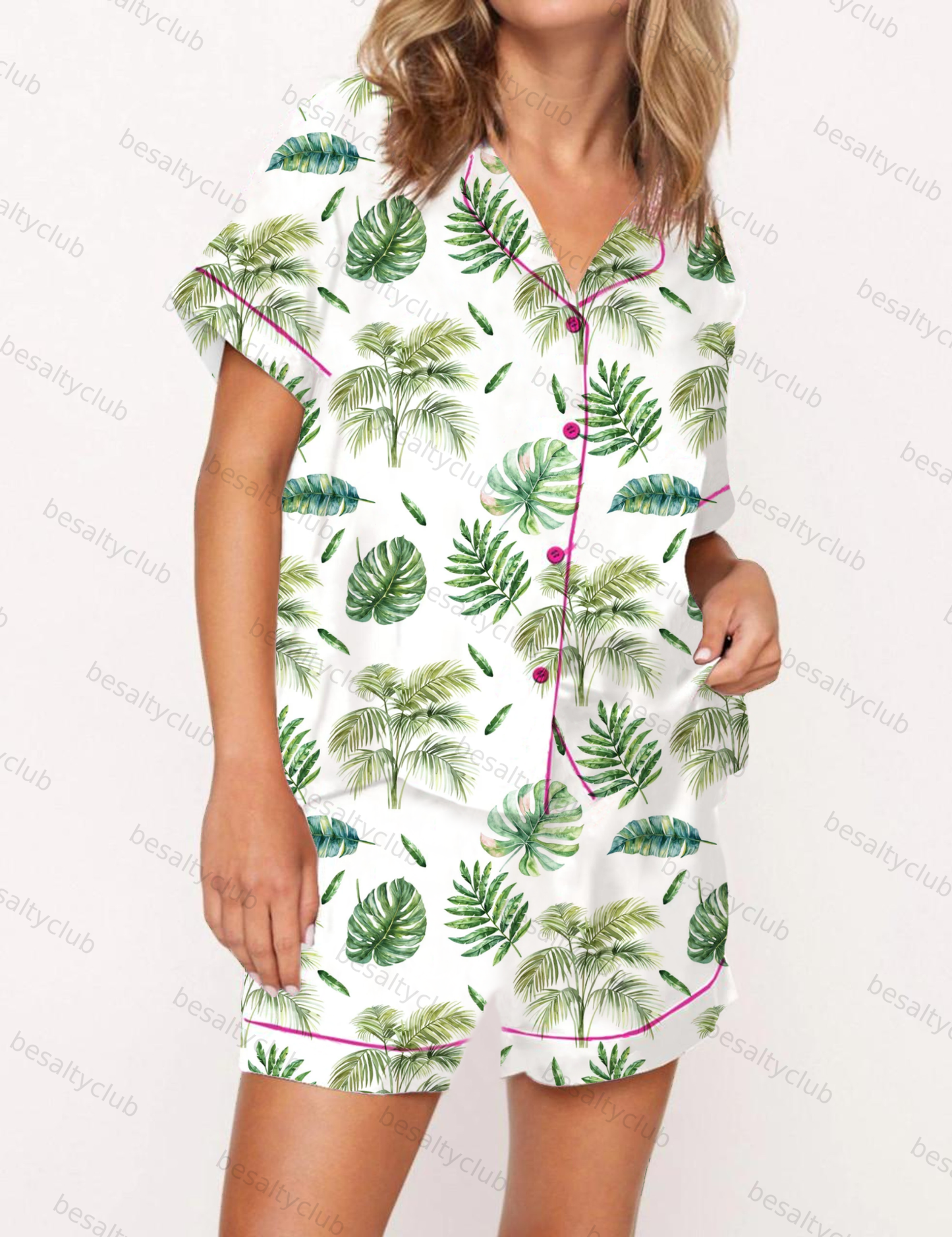Palm Tree Satin Pajama Short Set