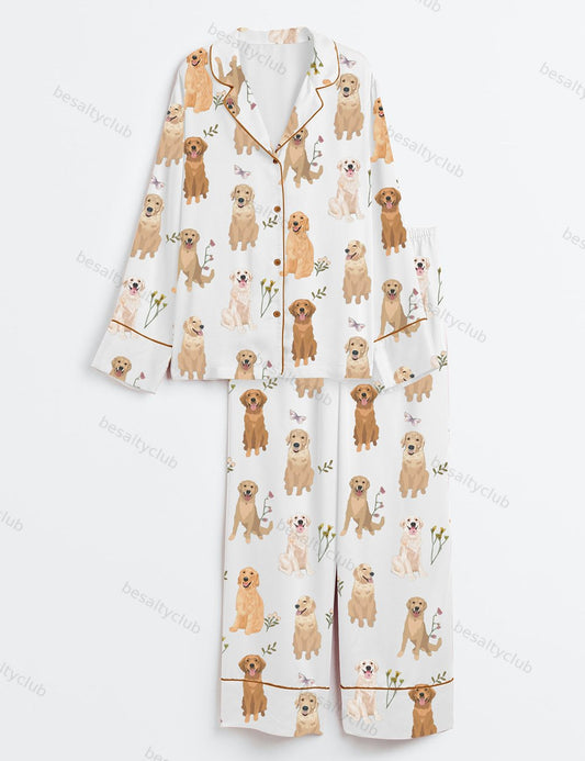 Golden Retriever Cottagecore Long Sleeve Satin Pajama Set