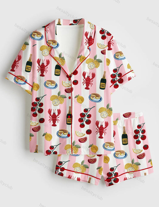 Lobster Champagne Lemon Cake Tomatoes And Pomegranates Summer Vibes Girls Trip Bachelorette Short Sleeve Satin Pajama Set