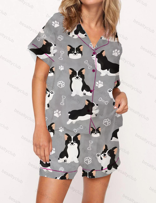Welsh Corgi Print Daily Wear Satin Pajama Short Set