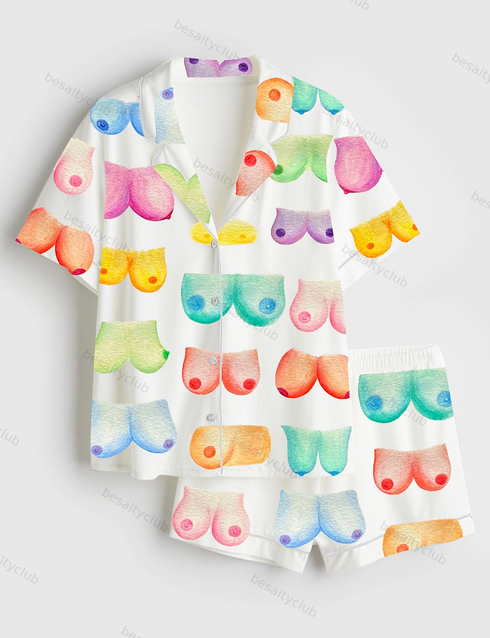 Breast Art Breast Cancer Awareness Body Positivity Watercolor Print Short Sleeve Satin Pajama Set