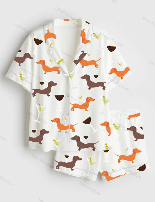 Dachshund Weenies And Tinis Bachelorette Tini Weenie Martini Party Print Short Sleeve Satin Pajama Set