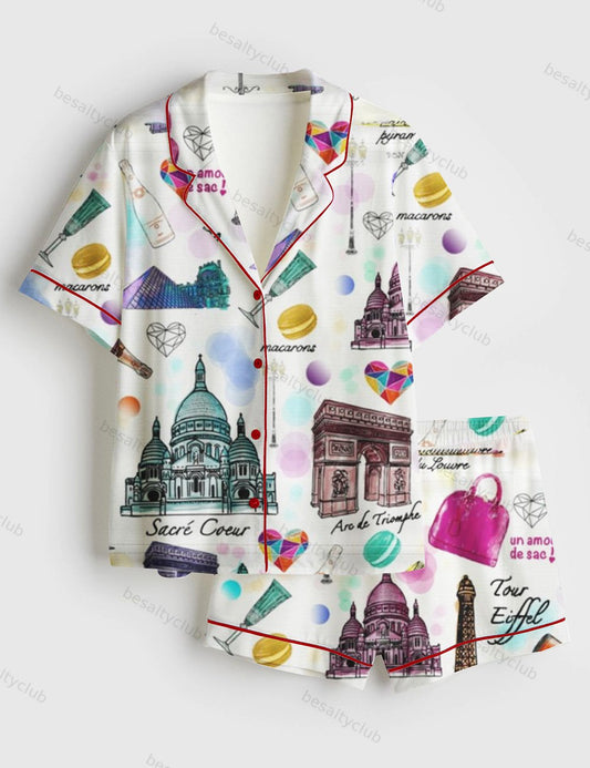 Voyage ¨¤ Paris Travel Short Sleeve Satin Pajama Set