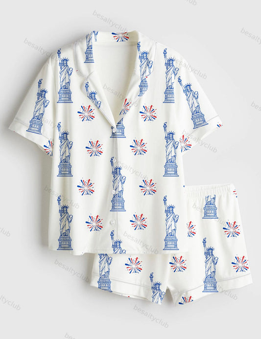 Statue Of Liberty Patriotic Freedom 4th Of July Pledge Of Allegiance Liberty And Justice For All Print Short Sleeve Satin Pajama Set