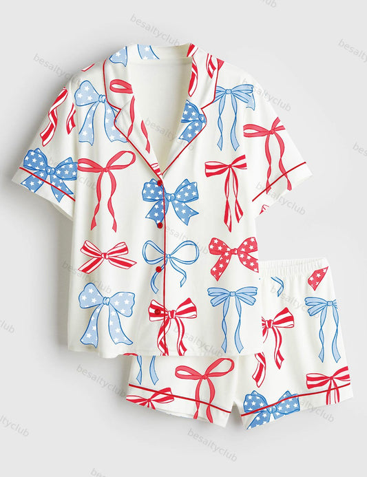 Patriotic American Bows 4th Of July Coquette Bows Print Short Sleeve Satin Pajama Set