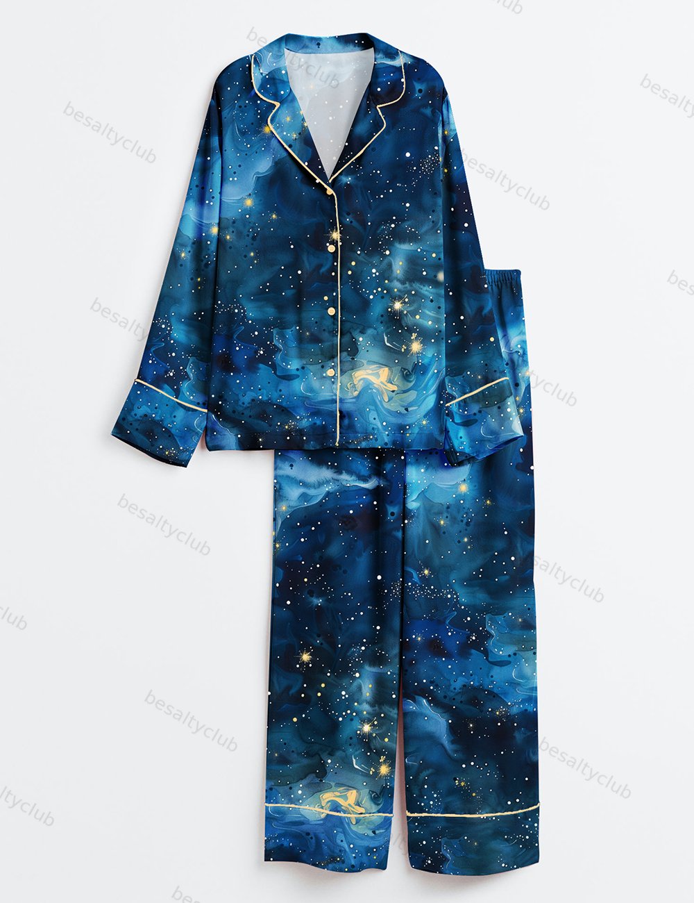 Starry Night Sky Stars And Moons Long Sleeve Satin Pajama Set