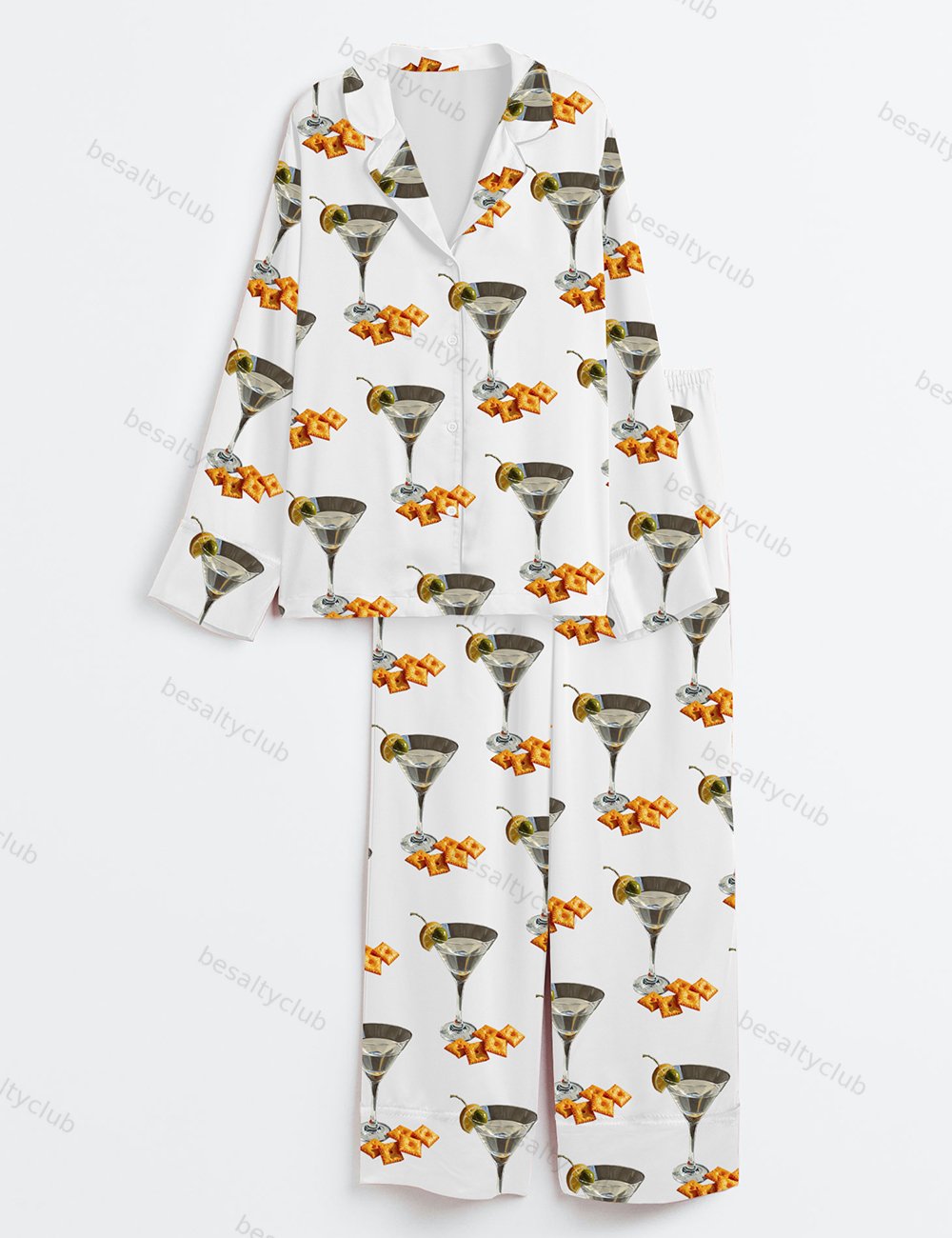 Martini And Cheese Crackers Cute Quirky Whimsical Cocktail Art Print Long Sleeve Satin Pajama Set